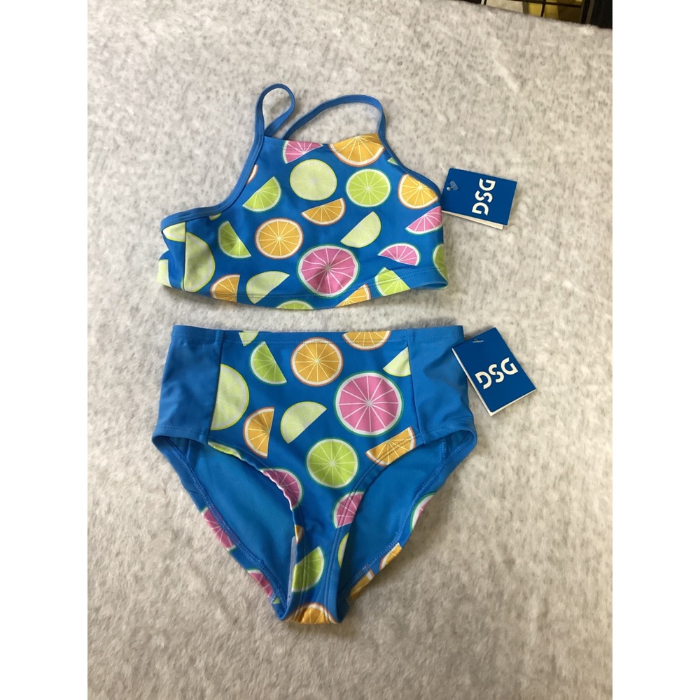 DSG Girls Main Squeeze Citrus Halter Bikini Set Blue Size S 7/8 NEW